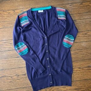 Stylish Women's Navy Cardigan with Patterned Accents